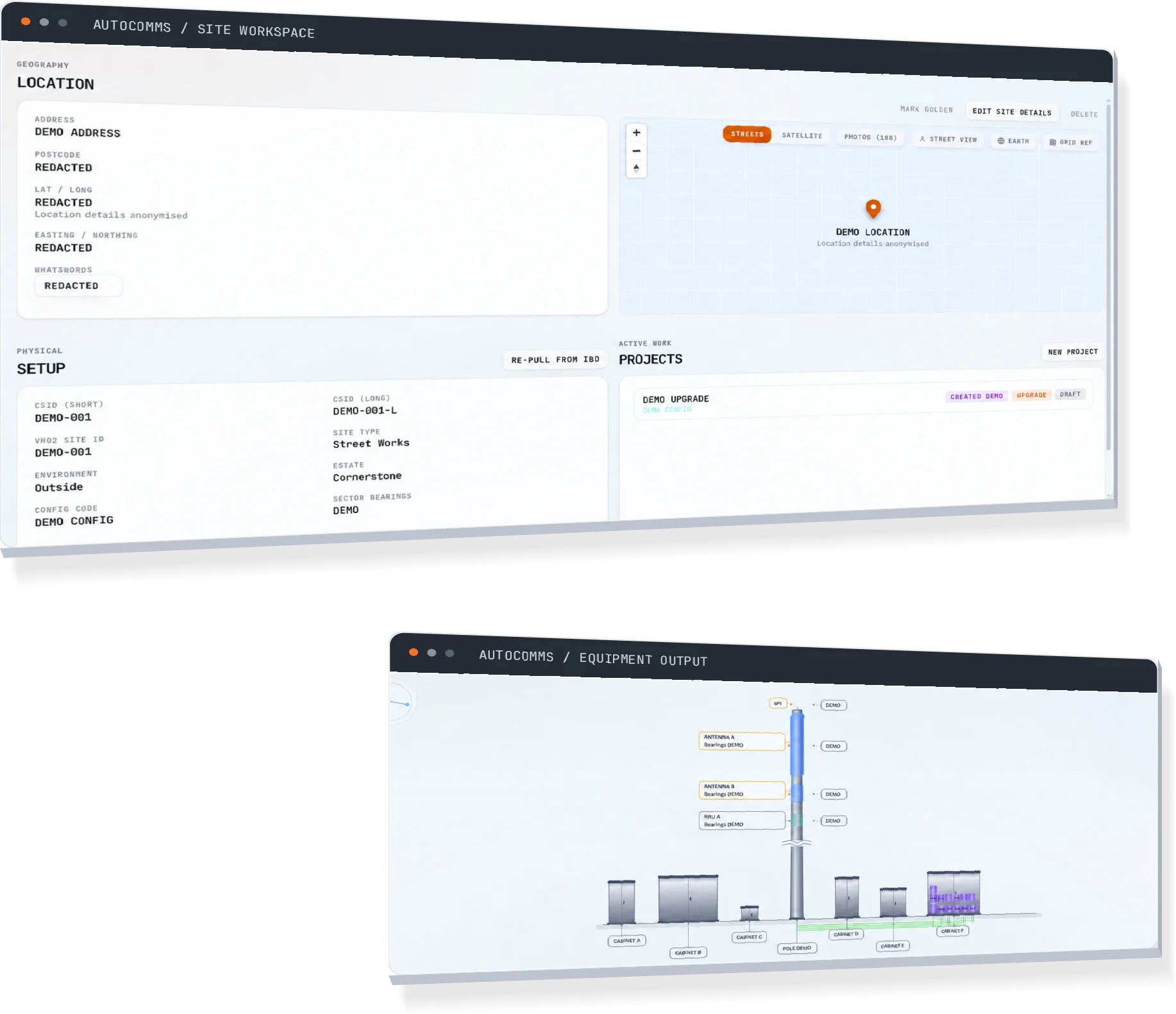 The site workspace with location, setup and projects panels, and the equipment output view