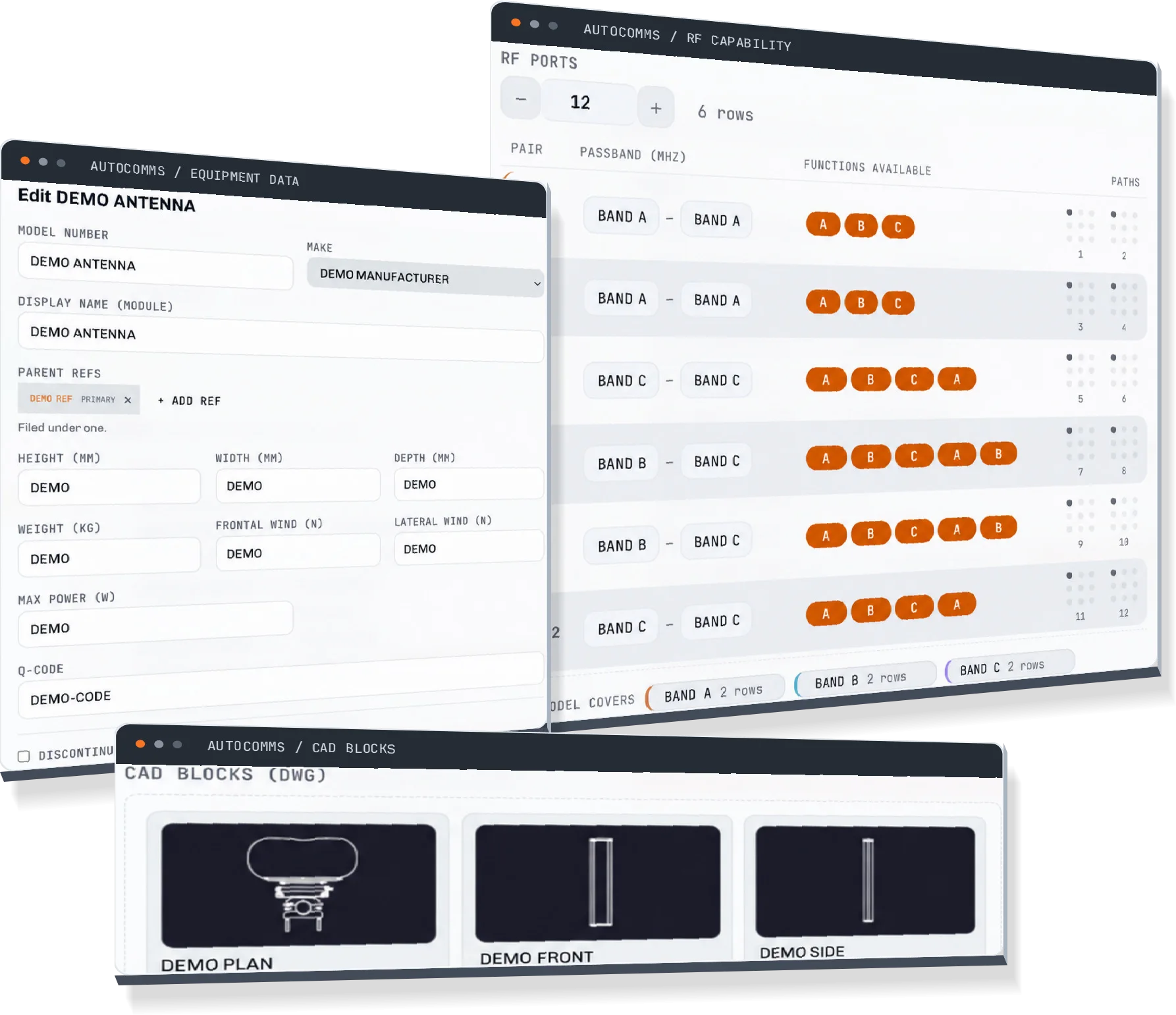 An antenna's equipment data, RF port capability table and linked CAD blocks