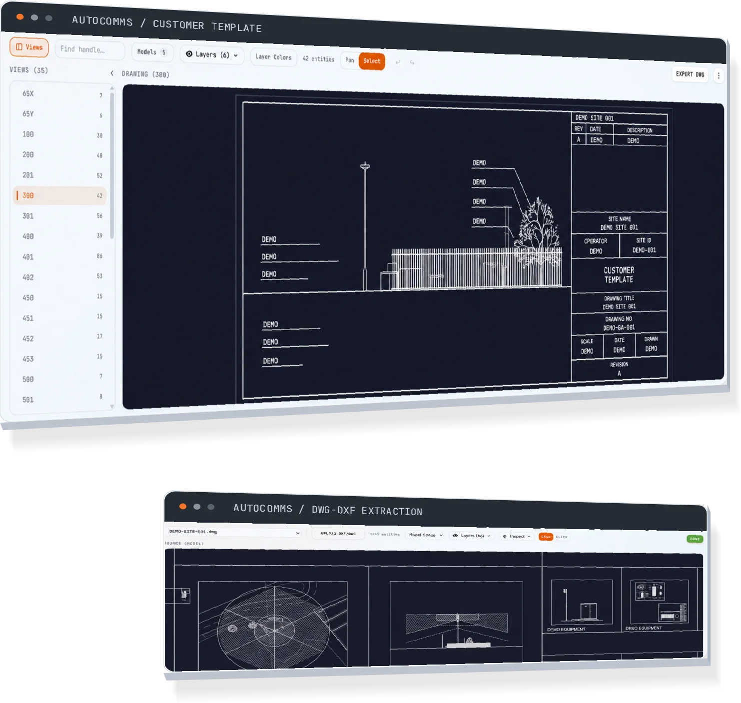 A customer drawing template in the CAD editor and the DWG to DXF extraction view